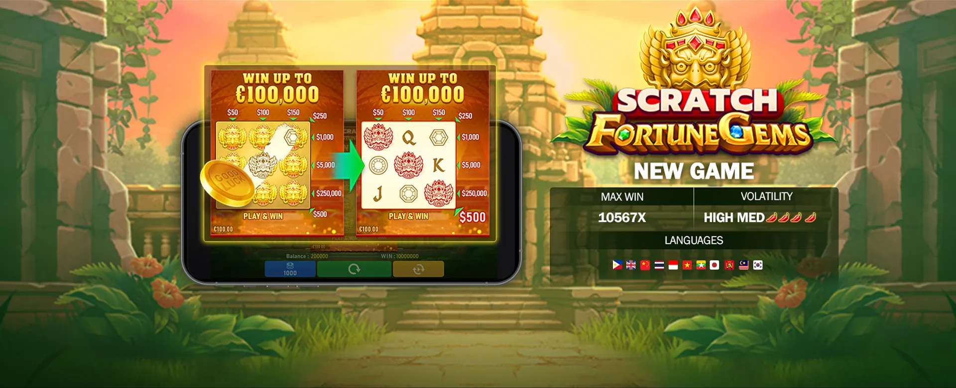 Playtime App on a smartphone screen, showcasing online casino games with vibrant gold and black theme